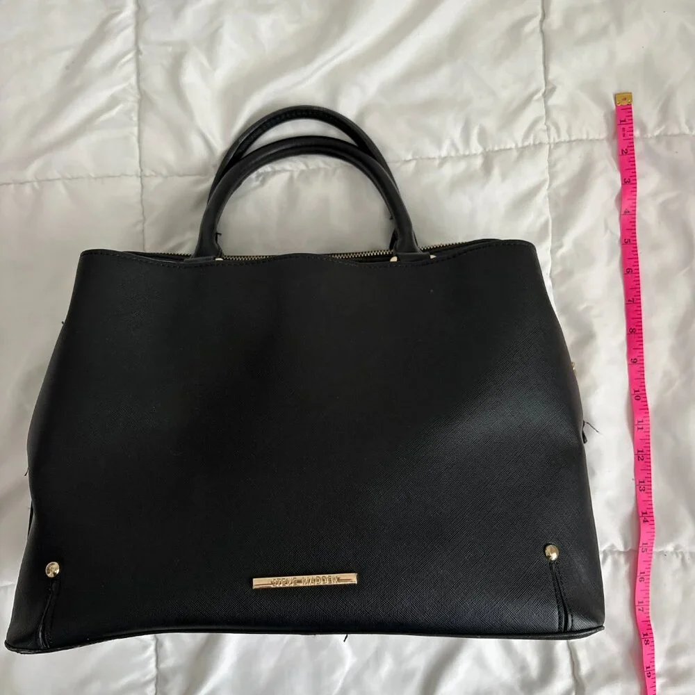 Steve Madden Black Satchel Front Flap Pocket Gold Tone Hardware Quiet Luxury